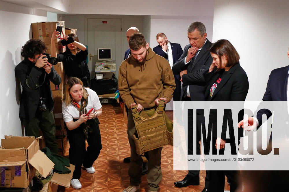 Belarusian Opposition Leader Sviatlana Tsikhanouskaya Visit To Warsaw Belarusian opposition leader Sviatlana Tsikhanouskaya is shown equipment for foreign fighters at the Belarusian House in Warsaw, Poland on 24 March, 2022. Warsaw Poland