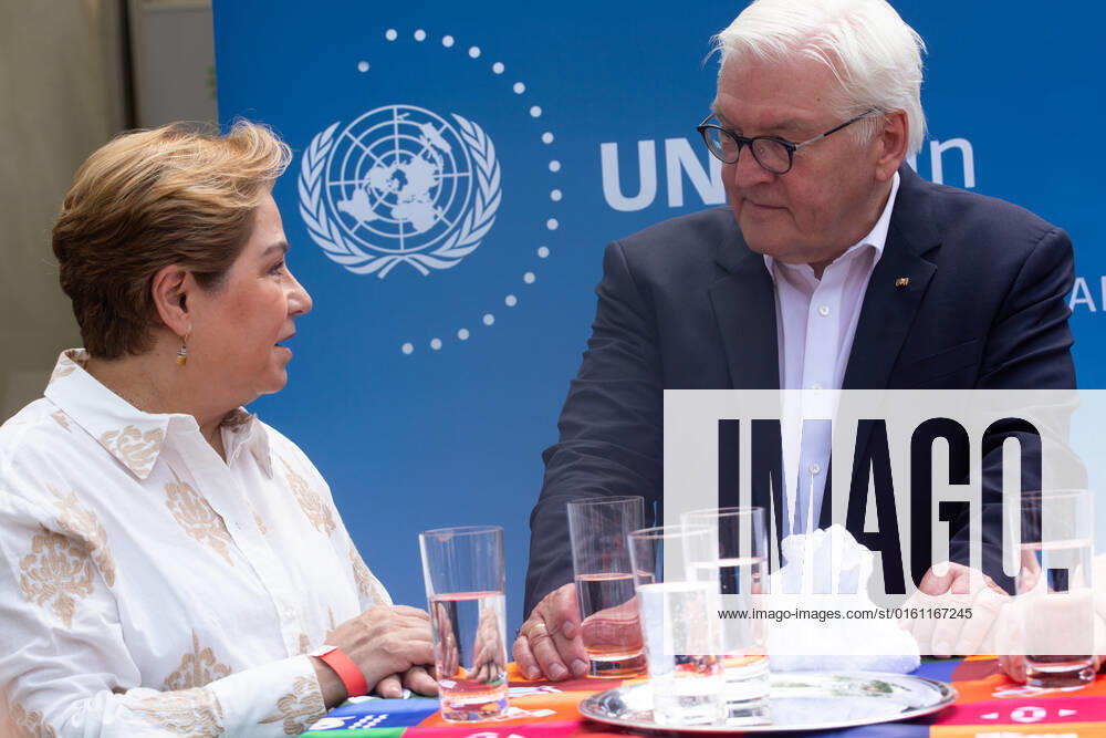 Frank-Walter Steinmeierï¼apresident Of Germany, Visits The Opening Of Villa Hammerschmidt In Bonn Frank-Walter Steinmeierï¼apresident of Germany is seen talking to UN climate change executive secretary Patricia Espinosa at UN climate changeinformation booth during the opening day of Villa Hammerschmidt in Bonn, Germany on June18ï¼a2022 Bonn Germany
