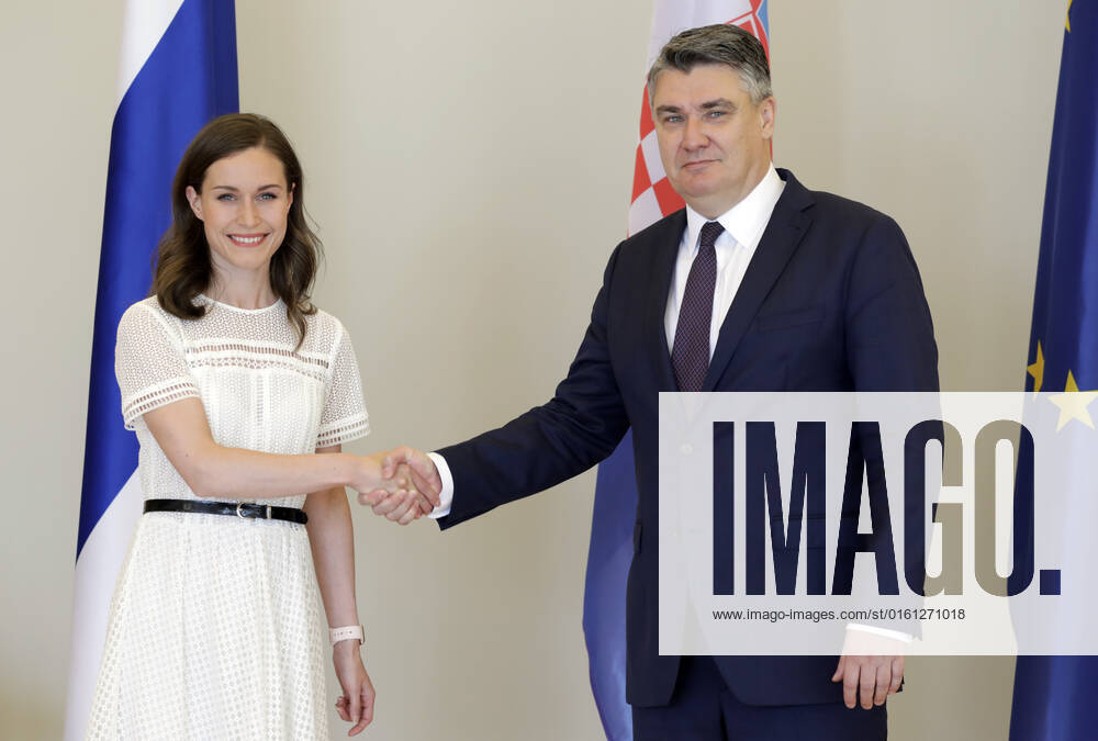 Zagreb: President Milanovic receives Sanna Marin, Prime Minister of the Republic of Finland The Finnish Prime Minister and the Croatian President can be seen posing for photographers ahead of a meeting at the President s Office. The Prime Minister of the Republic of Finland Sanna Marin is on an official visit to the Republic of Croatia. She was received by President Zoran Milanovic in his office at Pantovcak, in Zagreb, Croatia, on June 21 2022. JuricaxGaloic PIXSELL