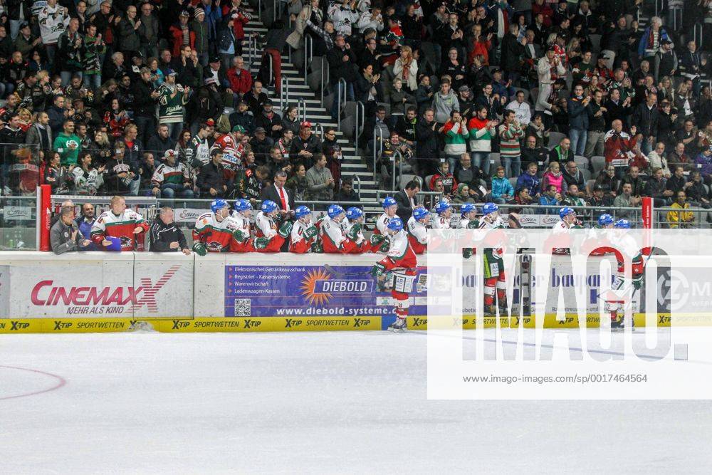 Die Mannschaft freut sich über das Tor von Ryan Bayda 18 (Augsburger Panther) Augsburger Panther vs. Eisbären Berlin, Eishockey, DEL, 12.09.2014, EP_CKT