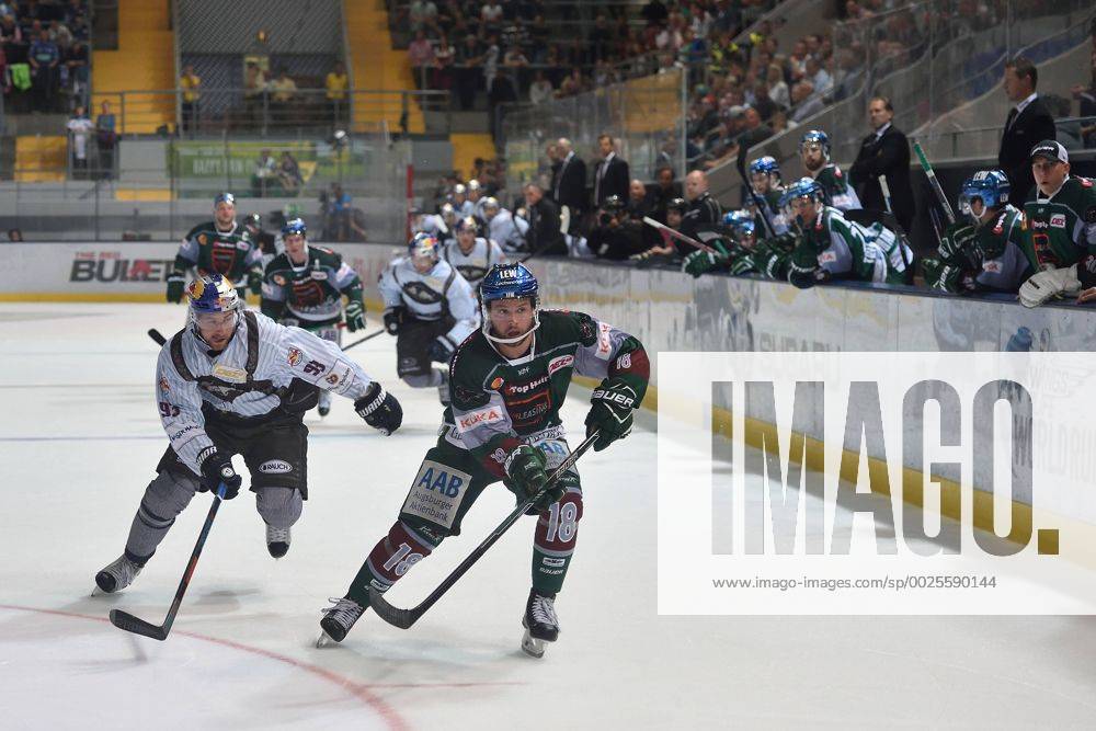 Maximilian Kastner (EHC Red Bull Muenchen), Matthew Mackay (Augsburger Panther) , v.li. Aktion. EHC Red Bull Muenchen vs Augsburger Panther, 25.09.16