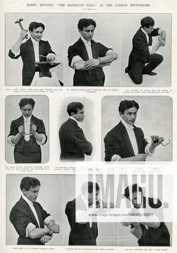 Harry Houdini Harry Houdini (1874 - 1926), Hungarian-American illusionist and stunt performer, noted for his sensational escape acts, In a sequence of photographs escaping from handcuffs, at the Hippodrome. Date: 1904