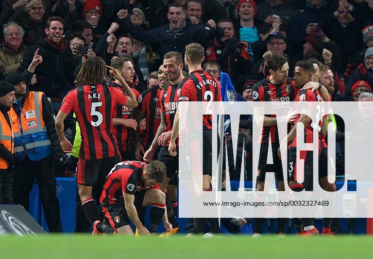 Chelsea v Bournemouth Premier League AFC Bournemouth players celebrate after Callum Wilson of AFC Bournemouth scores the opening goal during the Premier League match at Stamford Bridge, London Content Not Available For UK Newspapers