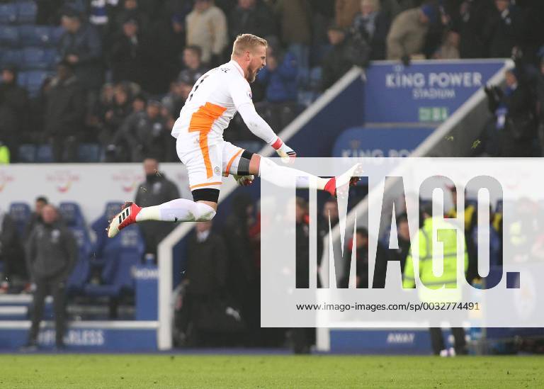 - SPORT Leicester City v Bournemouth Premier League Kasper Schmeichel of Leicester City celebrates after Riyad Mahrez scores the injury time equalising goal against Bournemouth during the Premier League match at the King Power Stadium, Leicester. Content Not Available For UK Newspapers