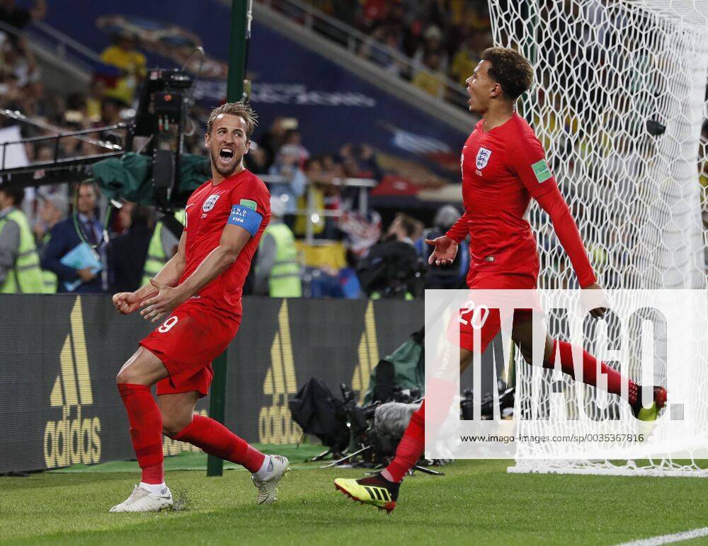 Harry Kane of England celebrates scoring the first goal from a penalty during the FIFA World Cup WM Weltmeisterschaft Fussball 2018 Round of 16 match at the Spartak Stadium, Moscow. Picture date 3rd July 2018. Picture credit should read: David Klein Sportimage .