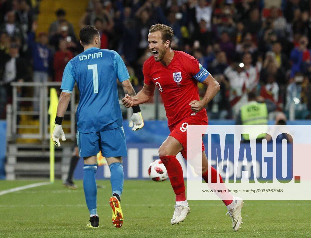 Harry Kane of England celebrates scoring the first goal from the penalty spot during the FIFA World Cup WM Weltmeisterschaft Fussball 2018 Round of 16 match at the Spartak Stadium, Moscow. Picture date 3rd July 2018. Picture credit should read: David Klein Sportimage .