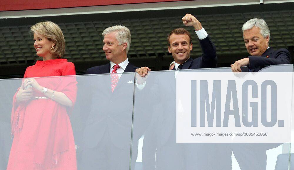 Queen Mathilde of Belgium, King Philippe - Filip of Belgium, French President Emmanuel Macron and Belgian Foreign Minister Didier Reynders pictured in the stands during the semi final match between the French national soccer team Les Bleus and Belgian national soccer team the Red Devils, in Saint-Petersburg, Russia, Tuesday 10 July 2018. BRUNOxFAHY x05381893x