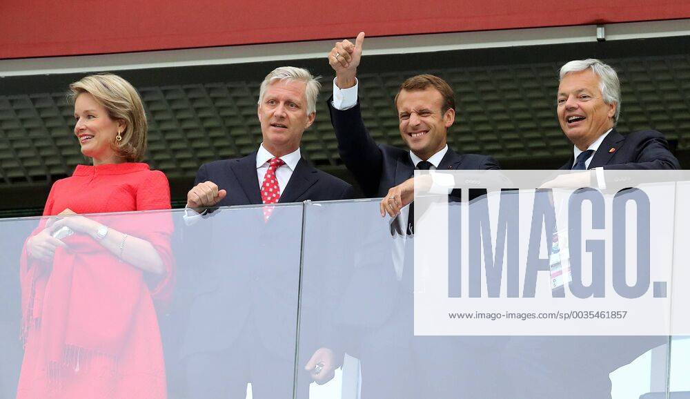 Queen Mathilde of Belgium, King Philippe - Filip of Belgium, French President Emmanuel Macron and Belgian Foreign Minister Didier Reynders pictured in the stands during the semi final match between the French national soccer team Les Bleus and Belgian national soccer team the Red Devils, in Saint-Petersburg, Russia, Tuesday 10 July 2018. BRUNOxFAHY x05381894x