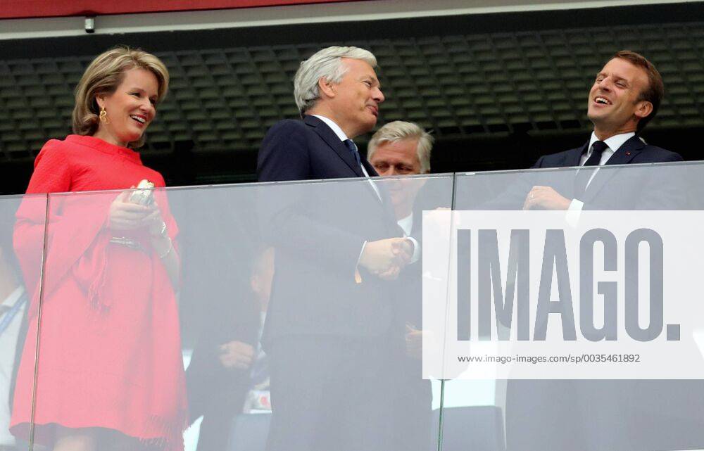 Queen Mathilde of Belgium, King Philippe - Filip of Belgium, French President Emmanuel Macron and Belgian Foreign Minister Didier Reynders pictured in the stands during the semi final match between the French national soccer team Les Bleus and Belgian national soccer team the Red Devils, in Saint-Petersburg, Russia, Tuesday 10 July 2018. BRUNOxFAHY x05381905x
