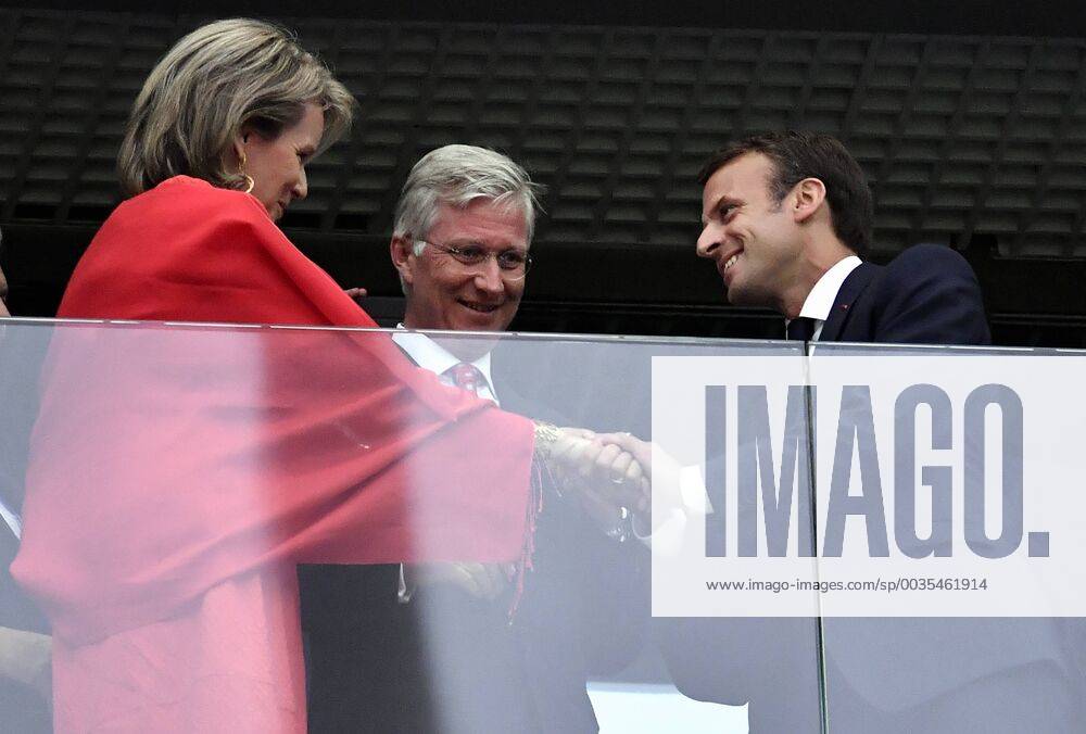 Queen Mathilde of Belgium, King Philippe - Filip of Belgium and French President Emmanuel Macron pictured in the stands at the semi final match between the French national soccer team Les Bleus and Belgian national soccer team the Red Devils, in Saint-Petersburg, Russia, Tuesday 10 July 2018. DIRKxWAEM x05381914x