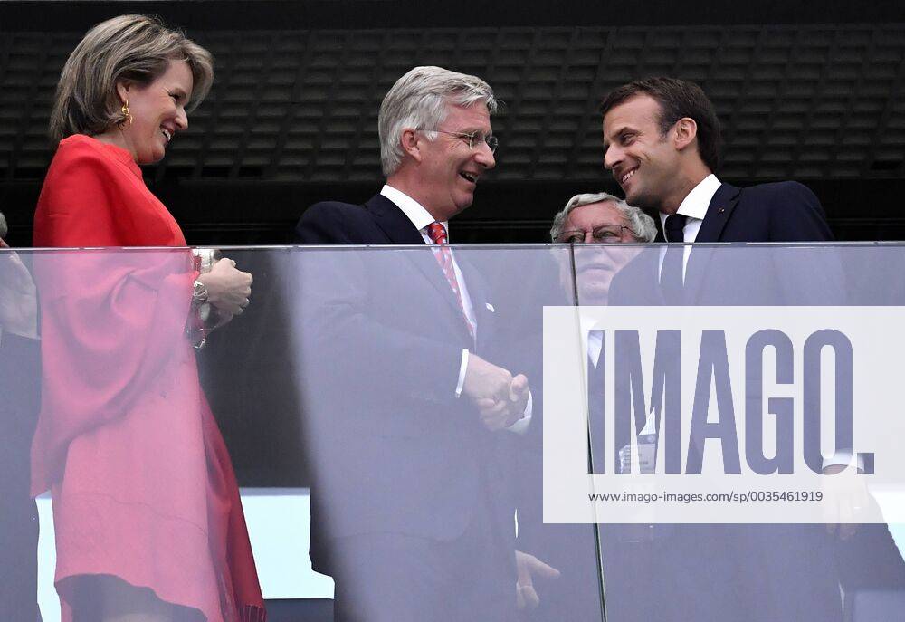 Queen Mathilde of Belgium, King Philippe - Filip of Belgium and French President Emmanuel Macron pictured in the stands at the semi final match between the French national soccer team Les Bleus and Belgian national soccer team the Red Devils, in Saint-Petersburg, Russia, Tuesday 10 July 2018. DIRKxWAEM x05381911x