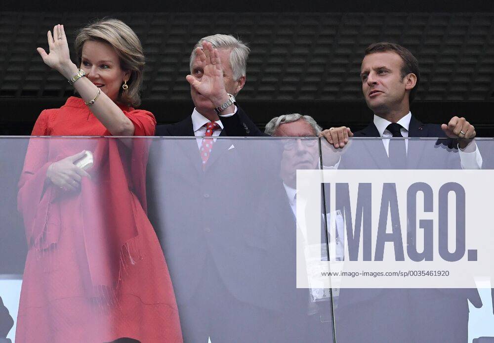Queen Mathilde of Belgium, King Philippe - Filip of Belgium and French President Emmanuel Macron pictured in the stands at the semi final match between the French national soccer team Les Bleus and Belgian national soccer team the Red Devils, in Saint-Petersburg, Russia, Tuesday 10 July 2018. DIRKxWAEM x05381916x