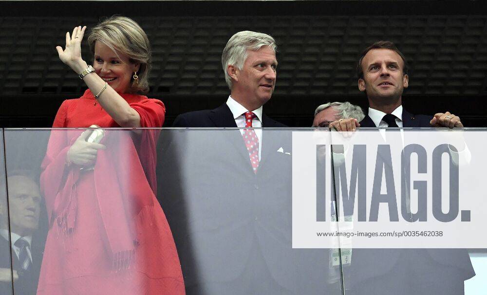 Queen Mathilde of Belgium, King Philippe - Filip of Belgium and French President Emmanuel Macron pictured in the stands at the semi final match between the French national soccer team Les Bleus and Belgian national soccer team the Red Devils, in Saint-Petersburg, Russia, Tuesday 10 July 2018. DIRKxWAEM x05381947x