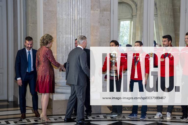 Queen Mathilde of Belgium, King Philippe - Filip of Belgium greet Belgian Hockey Federation chairman Marc Coudron, Belgian Hockey Federation Secretary-General Serge Pilet, Belgium s captain Thomas Briels, holding the World Cup trophy, Belgium s John-John Dohmen and Belgium s Simon Gougnard pictured during a reception to honour the new hockey world champions, the Belgian Red Lions team, in the Royal castle in Laken - Laeken, Tuesday 18 December 2018. Red Lions won 3-2 the final against The Netherlands in India last last Sunday. HATIMxKAGHAT x05493013x