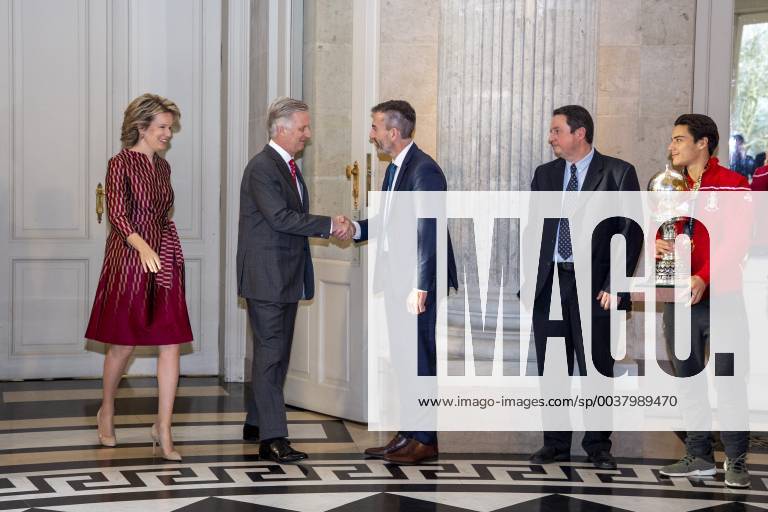 Queen Mathilde of Belgium, King Philippe - Filip of Belgium, Belgian Hockey Federation chairman Marc Coudron, Belgian Hockey Federation Secretary-General Serge Pilet and Belgium s captain Thomas Briels, holding the World Cup trophy, pictured during a reception to honour the new hockey world champions, the Belgian Red Lions team, in the Royal castle in Laken - Laeken, Tuesday 18 December 2018. Red Lions won 3-2 the final against The Netherlands in India last last Sunday. HATIMxKAGHAT x05493016x