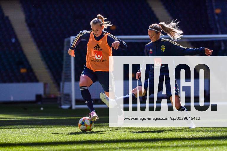 Stina Blackstenius and Amanda Ilestedt of the Swedish women national football team during a training session on April 2, 2019 in Stockholm.