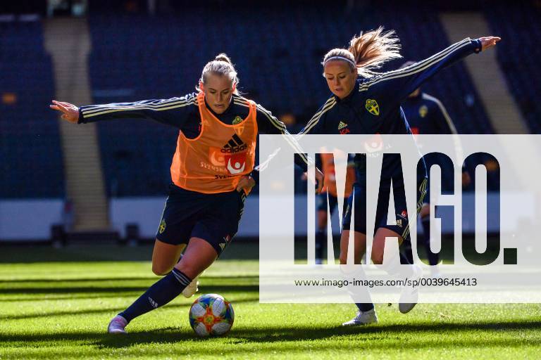 Stina Blackstenius and Amanda Ilestedt of the Swedish women national football team during a training session on April 2, 2019 in Stockholm.