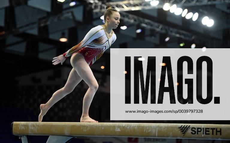 Belgian gymnast Jade Vansteenkiste pictured in action at the beam during qualifications at the European Championships Artistic Gymanstics in Szczecin, Poland, Thursday 11 April 2019. The EC are taking place from 10 to 14 April. ERICxLALMAND x05565958x