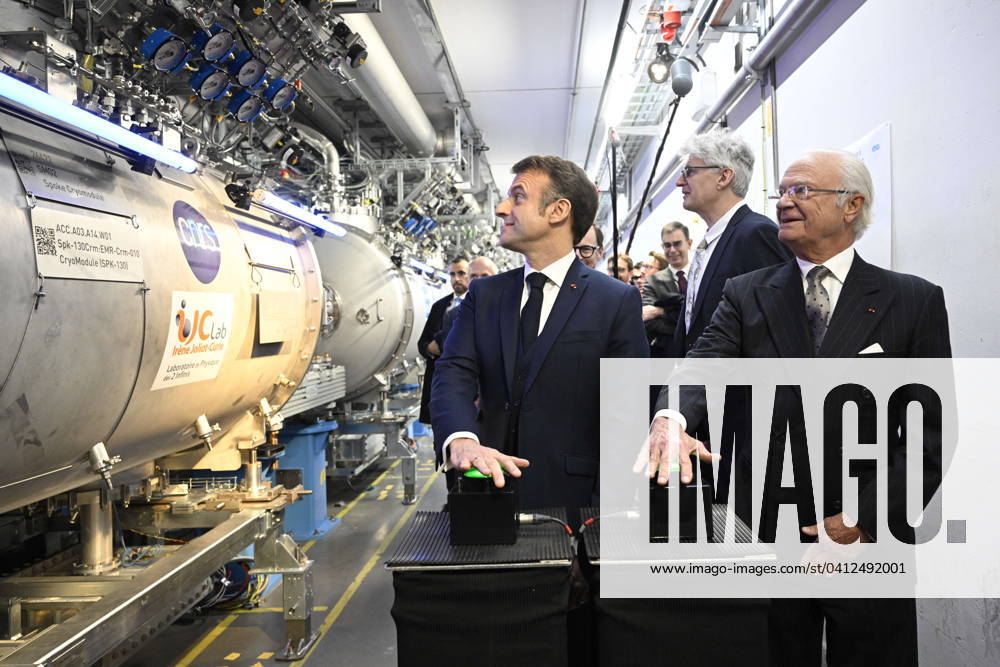 French President Emmanuel Macron and King Carl XVI Gustaf visit ESS - European Spallation Source ERIC , in Lund, Sweden, on January 31, 2024. French President Emmanuel Macron and Mrs Brigitte Macron are on a two-day state visit to Sweden. LUND SWEDEN