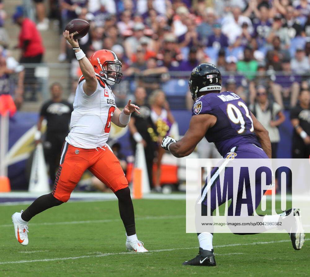NFL, American Football Herren, USA 2019: Browns vs Ravens SEP 29, Cleveland Browns QB Baker Mayfield (6) in action during a game against the Baltimore Ravens at M&T Bank Stadium in Baltimore, Maryland on September 29, 2019. Photo Mike Buscher Cal Media Sipa USA(Credit Image: © Mike Buscher Cal Sport Media Sipa USA CSM Sipa USA) NO ARCHIVING, , NO USE IN BOOKS WITHOUT CONSENT Baltimore MD United States