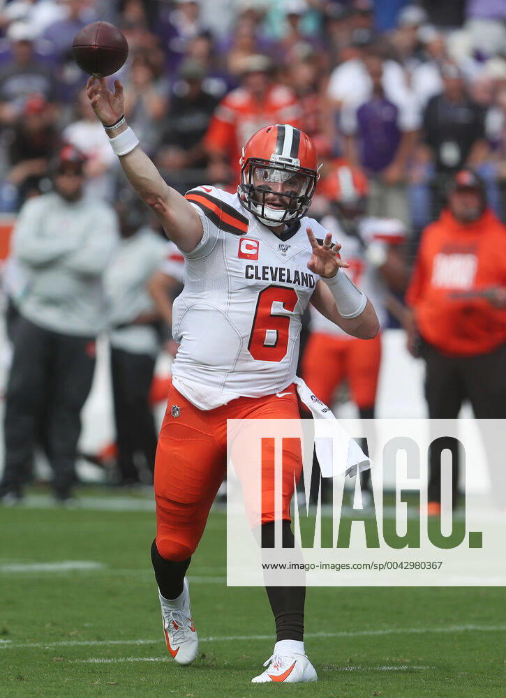 NFL, American Football Herren, USA 2019: Browns vs Ravens SEP 29, Cleveland Browns QB Baker Mayfield (6) in action during a game against the Baltimore Ravens at M&T Bank Stadium in Baltimore, Maryland on September 29, 2019. Photo Mike Buscher Cal Media Sipa USA(Credit Image: © Mike Buscher Cal Sport Media Sipa USA CSM Sipa USA) NO ARCHIVING, , NO USE IN BOOKS WITHOUT CONSENT Baltimore MD United States