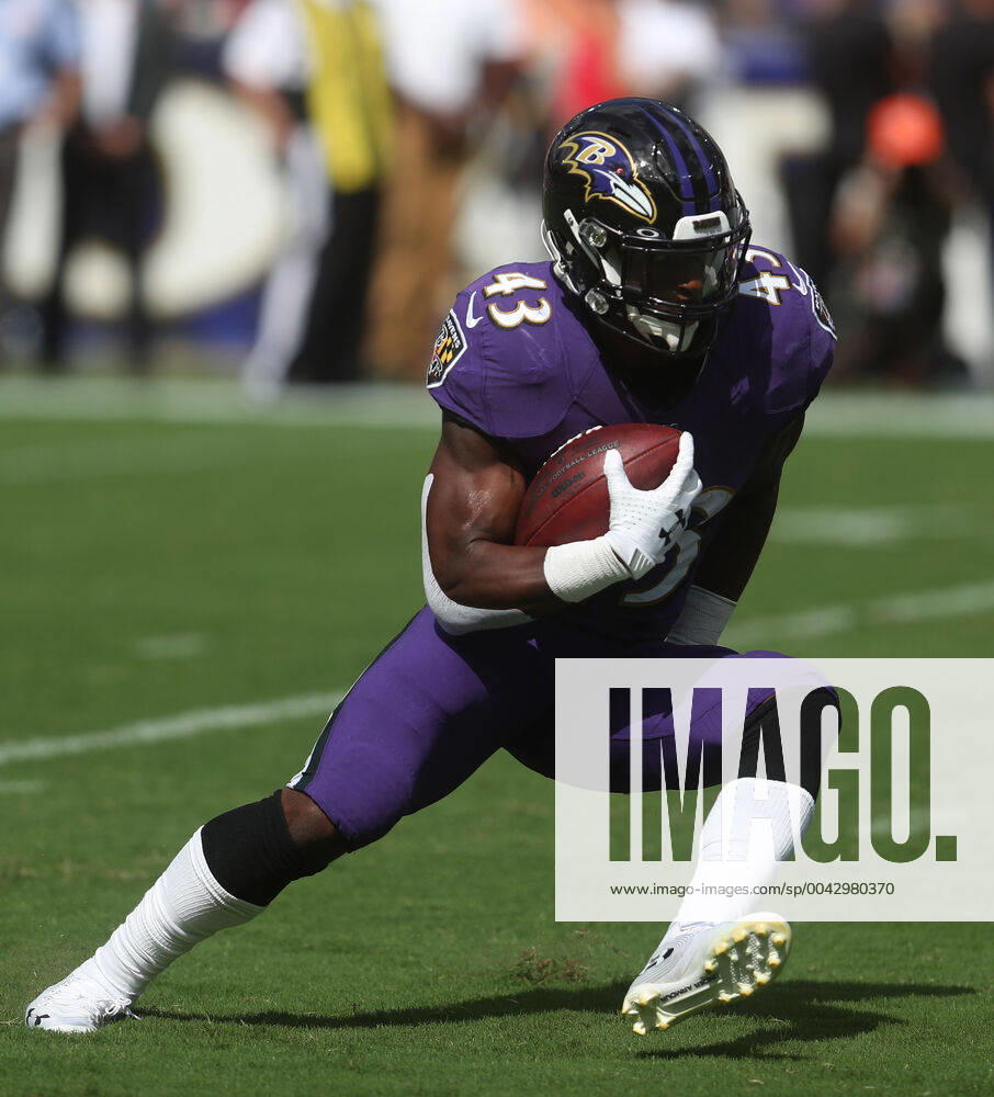 NFL, American Football Herren, USA 2019: Browns vs Ravens SEP 29, Baltimore Ravens RB Justice Hill (43) in action during a game against the Cleveland Browns at M&T Bank Stadium in Baltimore, Maryland on September 29, 2019. Photo Mike Buscher Cal Media Sipa USA(Credit Image: © Mike Buscher Cal Sport Media Sipa USA CSM Sipa USA) NO ARCHIVING, , NO USE IN BOOKS WITHOUT CONSENT Baltimore MD United States