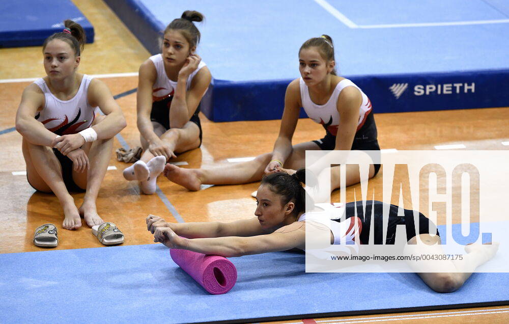 Belgian gymnast Jade Vansteenkiste, Belgian gymnast Julie Vandamme, Belgian gymnast Margaux Daveloose and Belgium gymnast Nina Derwael pictured during a training session of Belgian team ahead of the start of the World Artistic Gymnastics Championships in Stuttgard, Germany, from 4 to 13 October 2019, Thursday 03 October 2019. ERICxLALMAND x05678121x