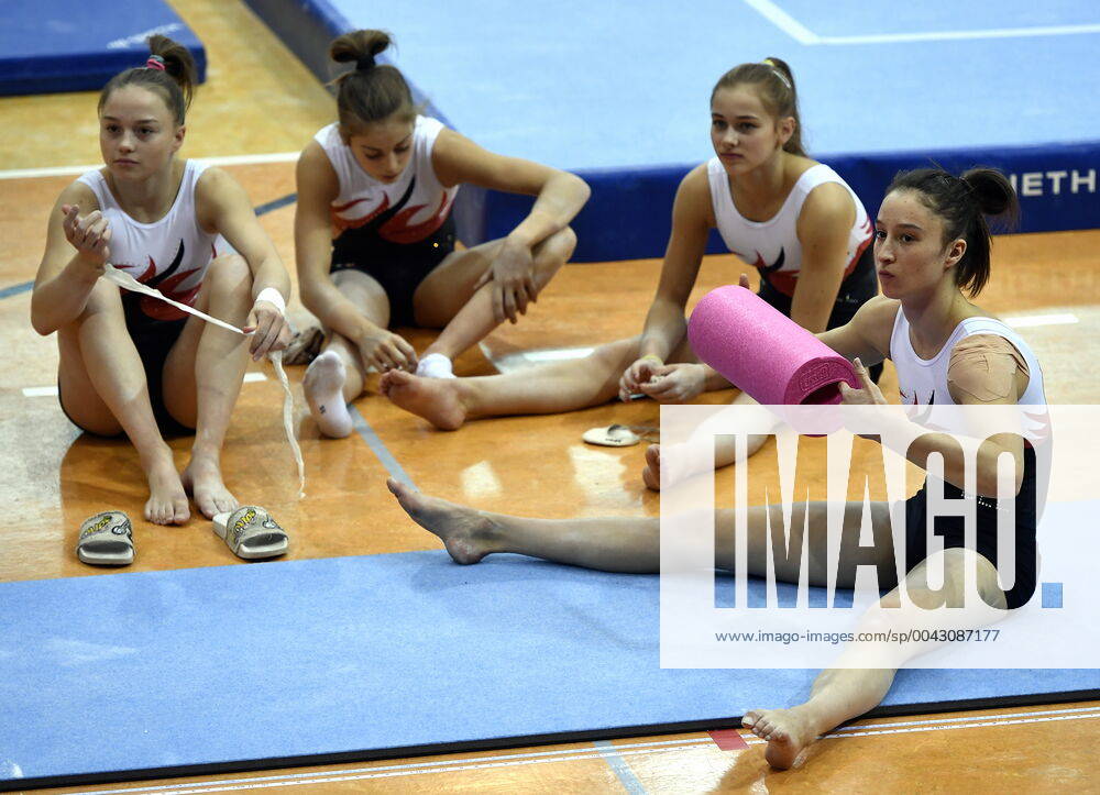 Belgian gymnast Jade Vansteenkiste, Belgian gymnast Julie Vandamme, Belgian gymnast Margaux Daveloose and Belgium gymnast Nina Derwael pictured during a training session of Belgian team ahead of the start of the World Artistic Gymnastics Championships in Stuttgard, Germany, from 4 to 13 October 2019, Thursday 03 October 2019. ERICxLALMAND x05678123x