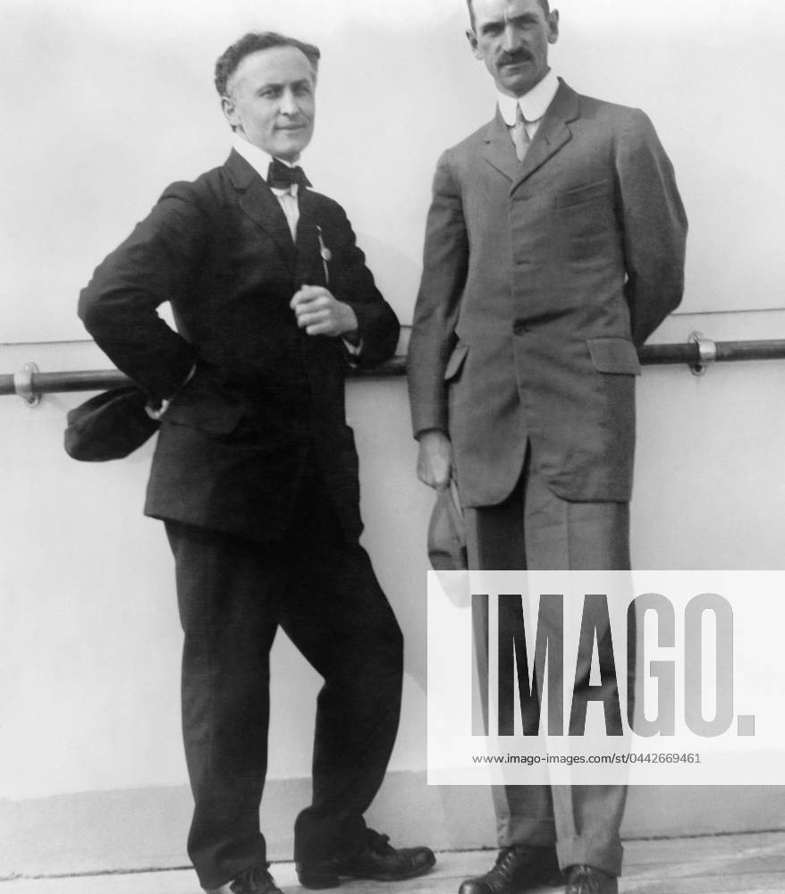 HOUDINI & CURTISS, c1910. American magician Harry Houdini (left) and American aviator Glenn Hammond Curtiss, on the deck of a ship, c1910.