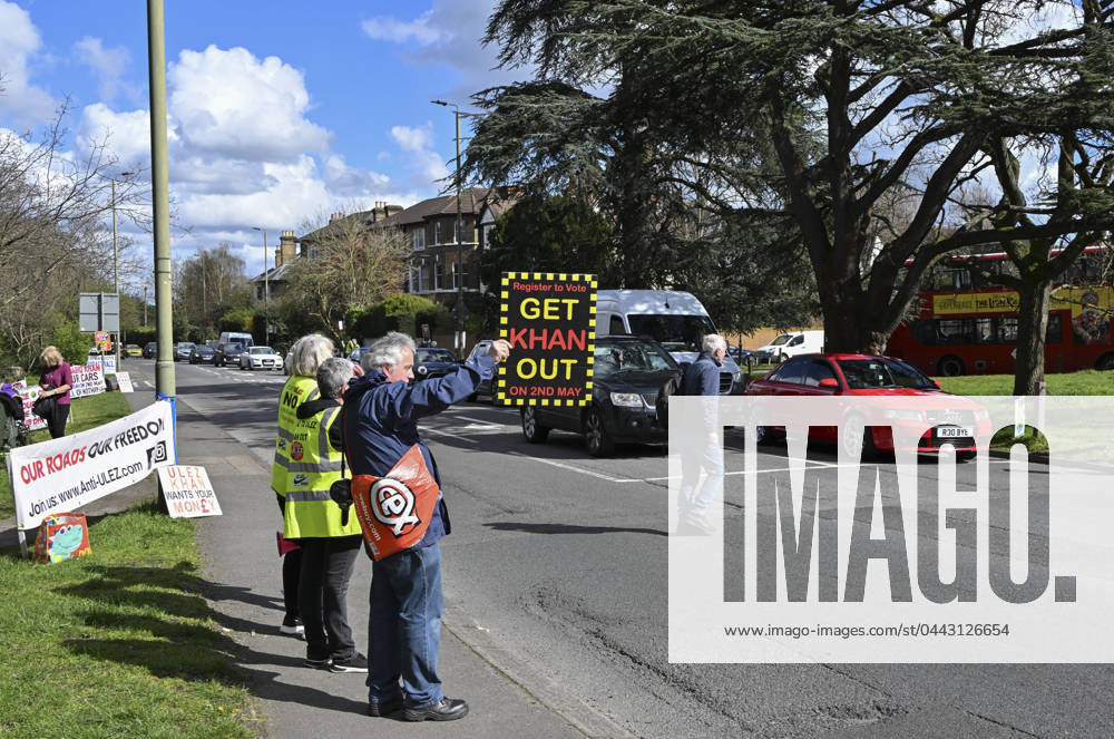 Protesters during a protest against the Ultra Low Emission Zone at the Chislehurst War Memorial in Chislehurst, London. ULEZ cameras in Chislehurst and other nearby areas have been vandalised in previous months.
