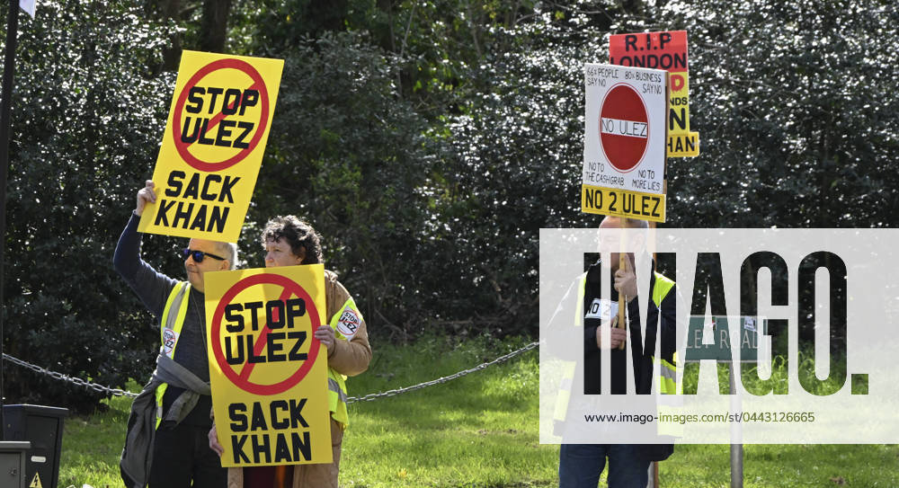 Protesters during a protest against the Ultra Low Emission Zone at the Chislehurst War Memorial in Chislehurst, London. ULEZ cameras in Chislehurst and other nearby areas have been vandalised in previous months.