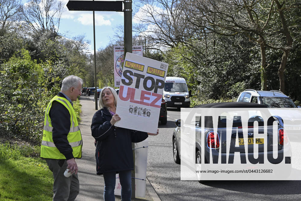 Protesters during a protest against the Ultra Low Emission Zone at the Chislehurst War Memorial in Chislehurst, London. ULEZ cameras in Chislehurst and other nearby areas have been vandalised in previous months.