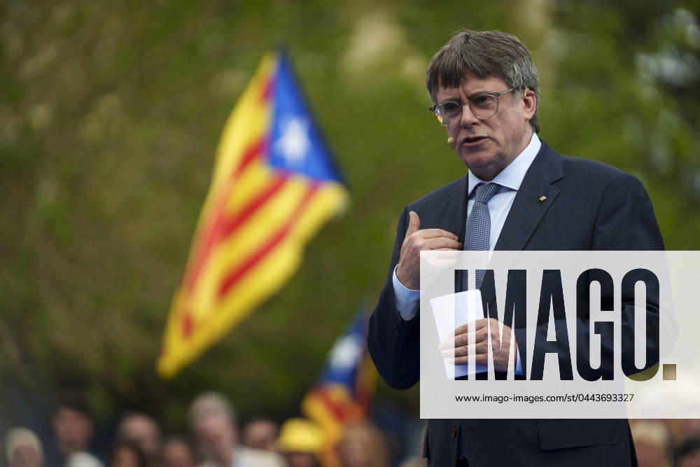 Former Catalan regional President Carles Puigdemont (C), pro-independent JxCat party s leader, attends a party s event to announce that he will run in next Catalan regional election, called on next 12 May, in the town of Elna, southern France, 06 April 2024. A deal struck with Junts Per Cat (JPC) (Together for Catalunya, in Catalonian) allowed Spain s Prime Minister Pedro Sanchez (PSOE) to form a new minority coalition government following an inconclusive election last July. Junts is a group set on achieving independence for the northeastern region of Catalonia and is headed by Carles Puigdemont, who fled Spain after leading an illegal secession bid in 2017, and he will able to come back the country when the so-called Amnesty Law will be pa