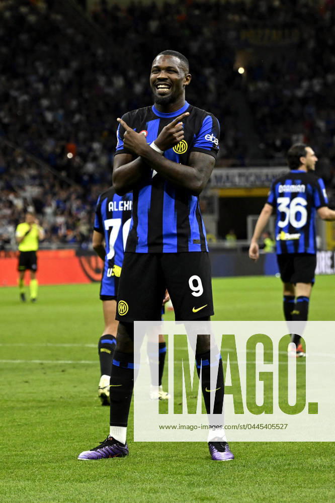 Foto IPP Paolo Bona Milano 14 04 2024 Campionato Serie A di Calcio stagione 2023 2024 partita Inter-Cagliari Nella foto Marcus Thuram esulta dopo il gol del 1-0 Italy Photo Press Worldwide Copyright