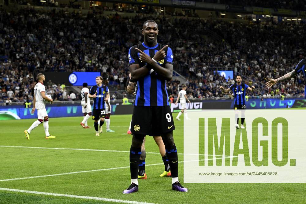 Foto IPP Paolo Bona Milano 14 04 2024 Campionato Serie A di Calcio stagione 2023 2024 partita Inter-Cagliari Nella foto Marcus Thuram esulta dopo il gol del 1-0 Italy Photo Press Worldwide Copyright