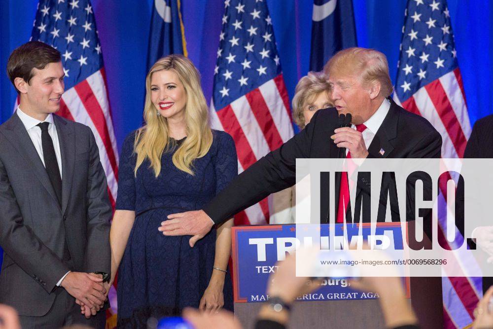 Feb. 20, 2016 - Spartanburg, South Carolina, United States of America - Billionaire and GOP presidential candidate Donald Trump reaches over to pat the baby bump of daughter Ivanka and her husband Jared Kushner as they celebrate victory in the South Carolina Republican primary February 20, 2016 in Spartanburg, South Carolina, USA Spartanburg United States of America - ZUMAe02_
