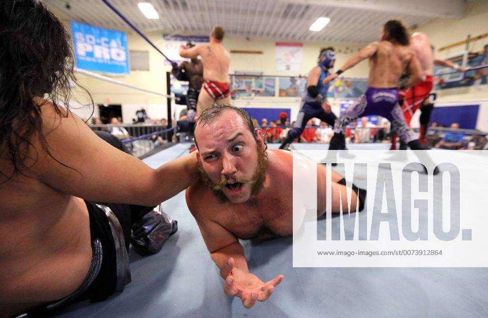 Oceanside, California, USA - 10 15 2016_Oceanside, CA_SoCal Pro Wrestling s Rumble in Oceanside event at the Oceanside Boys & Girls Club gymnasium. Wrestler Dirty Doug, middle, seems to need a break during the main event that had multiple wrestlers in the ring at the same time._Photo by Oceanside USA - ZUMAn47_