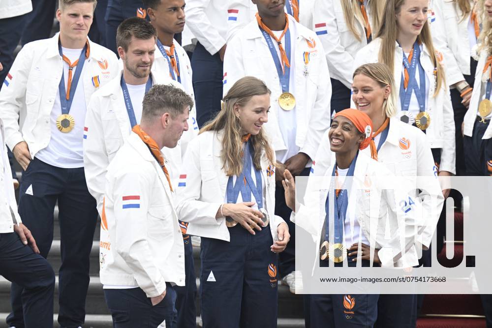 Den Haag, The Netherlands, 2024-08-13 15:29:30 THE HAGUE, 13-08-2024, Huis ten Bosch PalaceKing Willem Alexander and Queen Maxima receive the Dutch medal winners of the 2024 Summer Olympics in Paris at Huis ten Bosch PalacePHOTO: NLBeeld Patrick van Emst Credit: NL Beeld Patrick van Emst