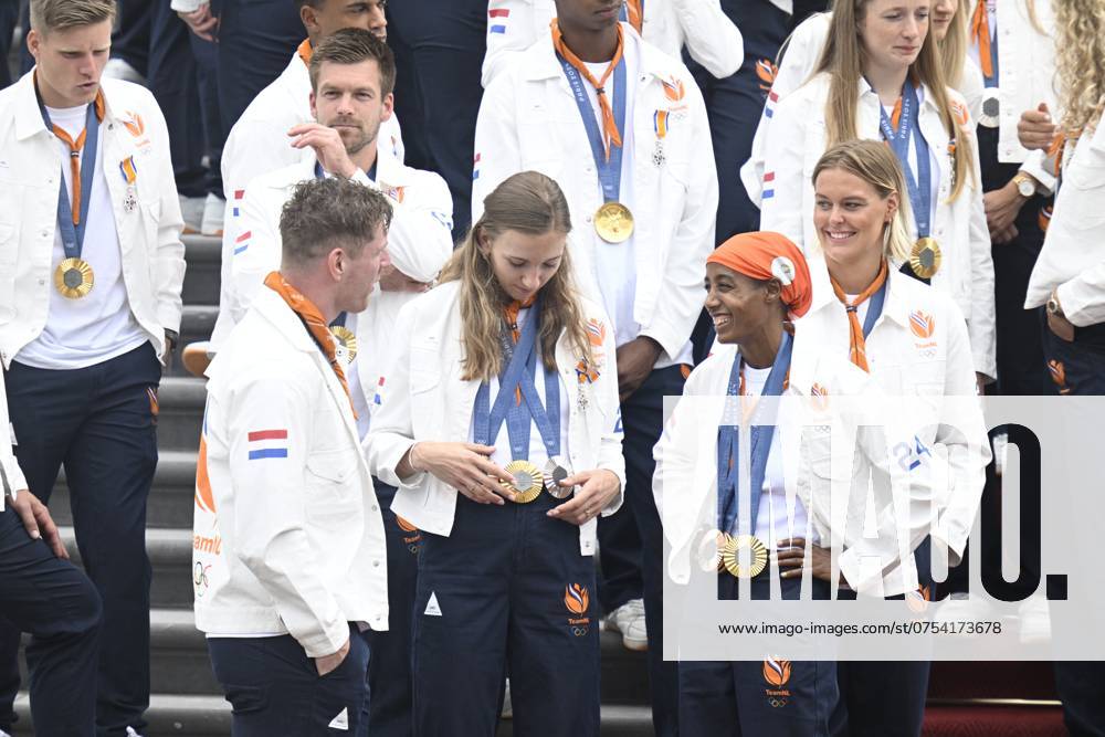 Den Haag, The Netherlands, 2024-08-13 15:29:34 THE HAGUE, 13-08-2024, Huis ten Bosch PalaceKing Willem Alexander and Queen Maxima receive the Dutch medal winners of the 2024 Summer Olympics in Paris at Huis ten Bosch PalacePHOTO: NLBeeld Patrick van Emst Credit: NL Beeld Patrick van Emst