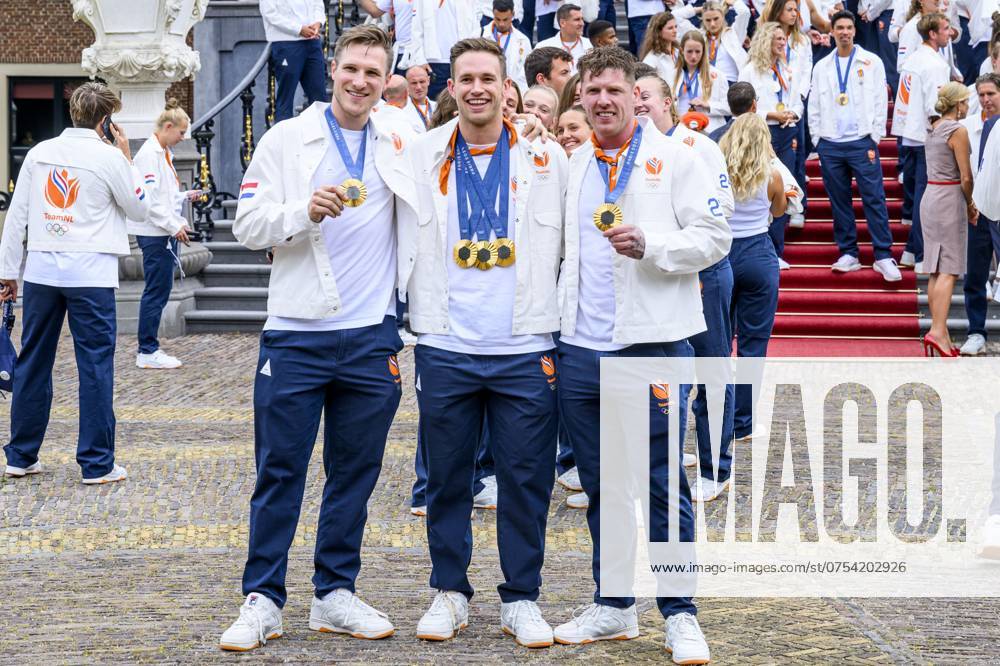 Den Haag, The Netherlands, 2024-08-13 15:32:10 THE HAGUE, 13-08-2024, Huis ten Bosch PalaceKing Willem Alexander and Queen Maxima receive the Dutch medal winners of the 2024 Summer Olympics in Paris at Huis ten Bosch PalacePHOTO: NLBeeld Patrick van EmstIn the photo: Jeffrey Hoogland, Harrie Lavreysen and Roy van den Berg Credit: NL Beeld Patrick van Emst
