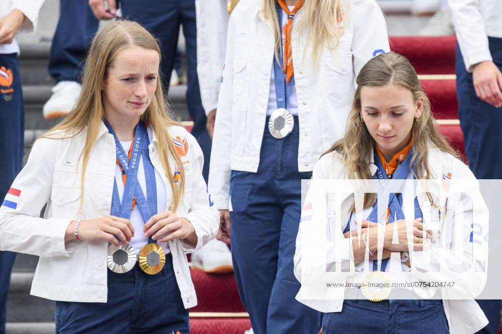 Den Haag, The Netherlands, 2024-08-13 15:22:16 THE HAGUE, 13-08-2024, Huis ten Bosch PalaceKing Willem Alexander and Queen Maxima receive the Dutch medal winners of the 2024 Summer Olympics in Paris at Huis ten Bosch PalacePHOTO: NLBeeld Patrick van EmstIn the photo: Femke Bol and Cathelijn Peeters Credit: NL Beeld Patrick van Emst