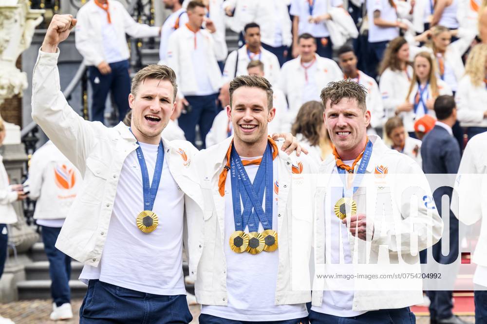 Den Haag, The Netherlands, 2024-08-13 15:34:18 THE HAGUE, 13-08-2024, Huis ten Bosch PalaceKing Willem Alexander and Queen Maxima receive the Dutch medal winners of the 2024 Summer Olympics in Paris at Huis ten Bosch PalacePHOTO: NLBeeld Patrick van EmstIn the photo: Jeffrey Hoogland, Harrie Lavreysen and Roy van den Berg Credit: NL Beeld Patrick van Emst