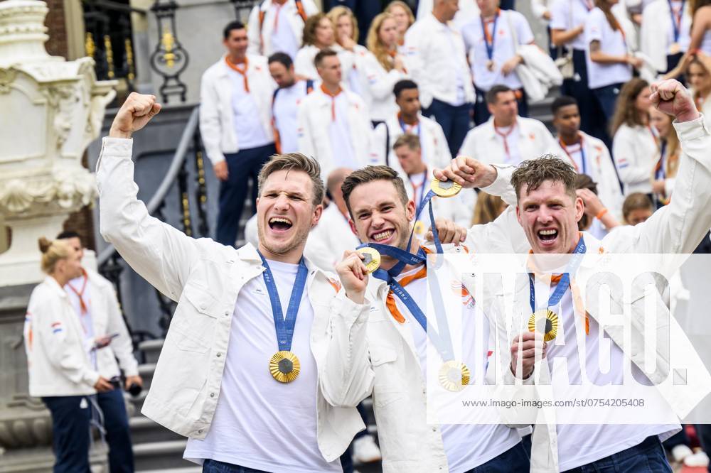 Den Haag, The Netherlands, 2024-08-13 15:34:23 THE HAGUE, 13-08-2024, Huis ten Bosch PalaceKing Willem Alexander and Queen Maxima receive the Dutch medal winners of the 2024 Summer Olympics in Paris at Huis ten Bosch PalacePHOTO: NLBeeld Patrick van EmstIn the photo: Jeffrey Hoogland, Harrie Lavreysen and Roy van den Berg Credit: NL Beeld Patrick van Emst