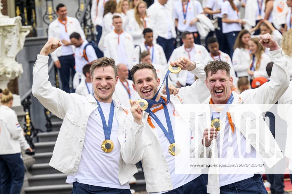 Den Haag, The Netherlands, 2024-08-13 15:34:24 THE HAGUE, 13-08-2024, Huis ten Bosch PalaceKing Willem Alexander and Queen Maxima receive the Dutch medal winners of the 2024 Summer Olympics in Paris at Huis ten Bosch PalacePHOTO: NLBeeld Patrick van EmstIn the photo: Jeffrey Hoogland, Harrie Lavreysen and Roy van den Berg Credit: NL Beeld Patrick van Emst