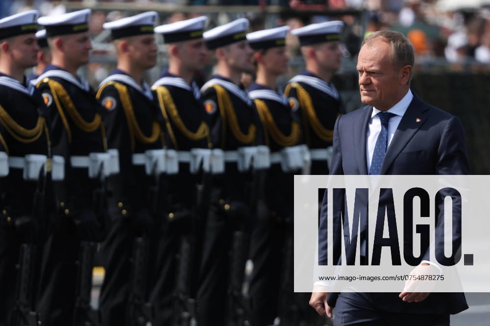 Armed Forces Day Parade In Poland Polish Prime Minister Donald Tusk during Armed Forces Day parade in Warsaw, Poland on August 15, 2024. Warsaw Poland