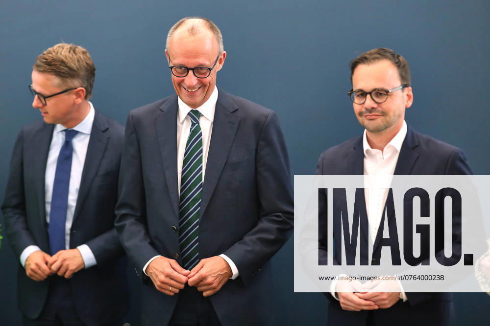 Berlin, Deutschland, 23.09.2024: Konrad-Adenauer-Haus: CDU-Vorstandssitzung: Generalsekretär Carsten Linnemann, Parteichef Friedrich Merz und Spitzenkandidat bei der Landtagswahl in Brandenburg Jan Redmann