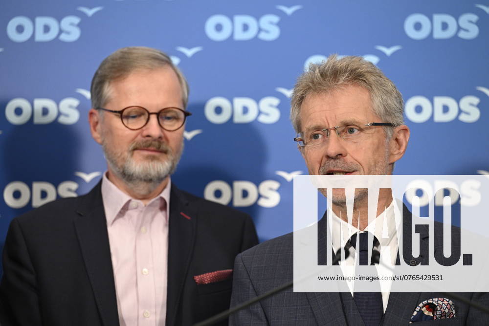 Czech Senate President Milos Vystrcil speaks at a press conference of Civic Democratic Party representatives on the results of the second round of the Senate elections at the ODS election headquarters, Prague, September 28, 2024. On the photo from left: PM Fiala and Milos Vystrcil. The second and final round of elections to one-third of the Senate, the upper house of parliament, continued in the Czech Republic today, on September 28, 2024, and voters will decide on 22 senators as five candidates were elected in the first round a week ago already. (CTKxPhoto MichalxKamaryt) CTKPhotoP2024092805160 CTKPhotoP2024092805160
