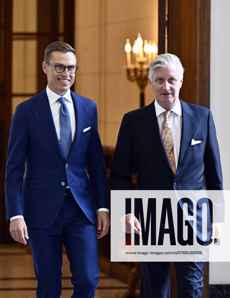 Finland s president Alexander Stubb and King Philippe - Filip of Belgium pictured during an audience of the Belgian King with Finnish s President Stubb, at the Royal Castle in Laken Laeken, Brussels, Tuesday 08 October 2024. ERICxLALMAND 102153436