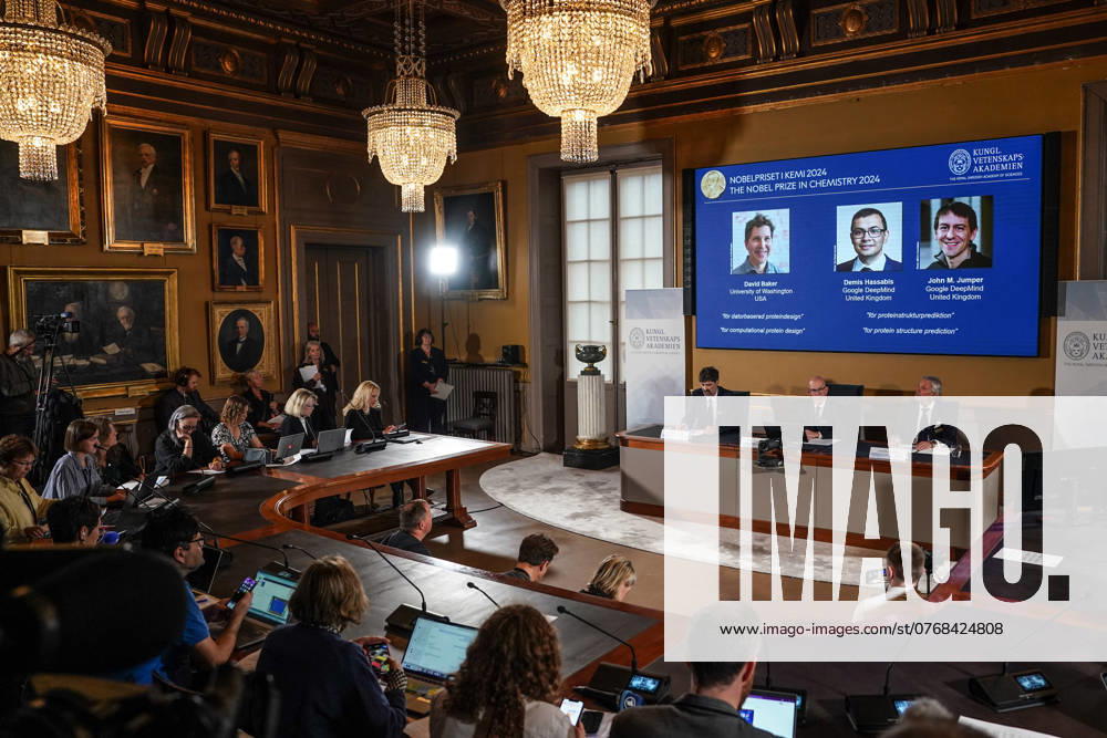 (241009) -- STOCKHOLM, Oct. 9, 2024 -- The 2024 Nobel Prize in Chemistry is announced in Stockholm, Sweden, Oct. 9, 2024. The 2024 Nobel Prize in Chemistry was awarded to David Baker for computational protein design, and to the duo Demis Hassabis and John M. Jumper for protein structure prediction, the Royal Swedish Academy of Sciences said on Wednesday. ) (FOCUS) SWEDEN-STOCKHOLM-2024 NOBEL PRIZE-CHEMISTRY PengxZiyang