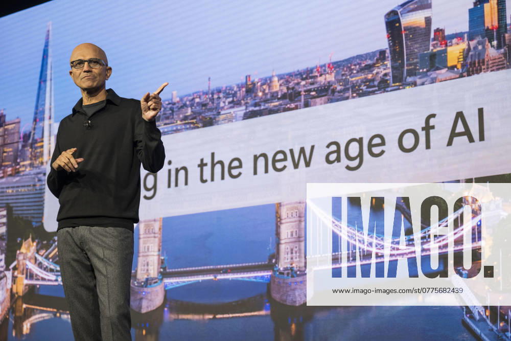 Microsoft AI Tour held at the London Hilton Microsoft AI Tour held at the London Hilton on Park Lane. Picture: Keynote speaker and Microsoft CEO Satya Nadella. 21.10.2024